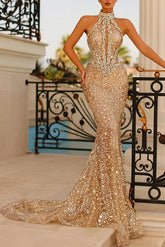 Bmbridal High Neck Sleeveless Evening Prom Dress Mermaid With Beads